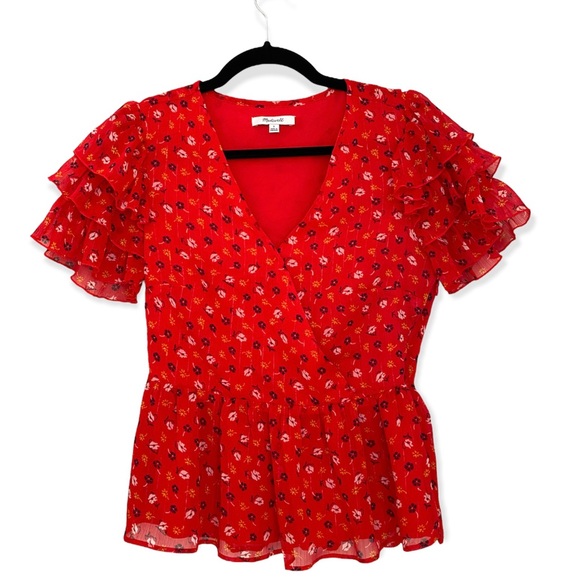 Madewell Tops - Madewell Peplum Tiered-Sleeve Red Floral Blouse Top with Exaggerated Ruffles